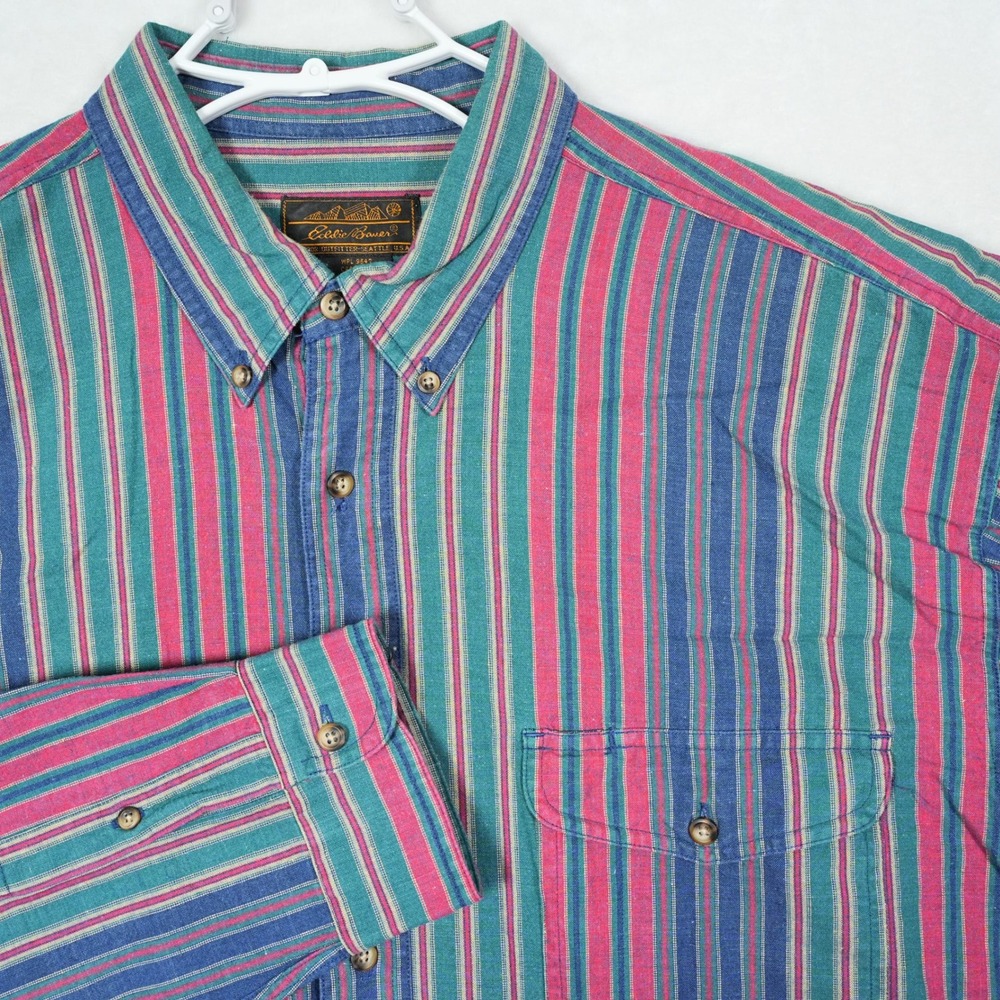 Vintage Eddie Bauer Mens Striped Button Down Shirt XL 16412 Multi Color Cotton‎